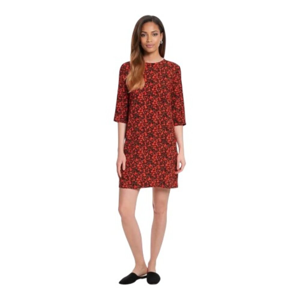 Equipment Femme Medium Red Printed Crew Neck 1/2 Sleeve Silk Shift Dress